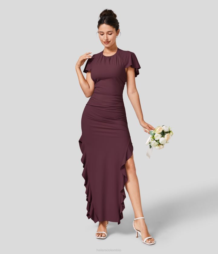 ropa higo BBV2NZ1090 mujer Halara Vestido largo de dama de honor e invitada de boda, ajustado, con escote redondo, volantes, manga corta y lazo en la espalda