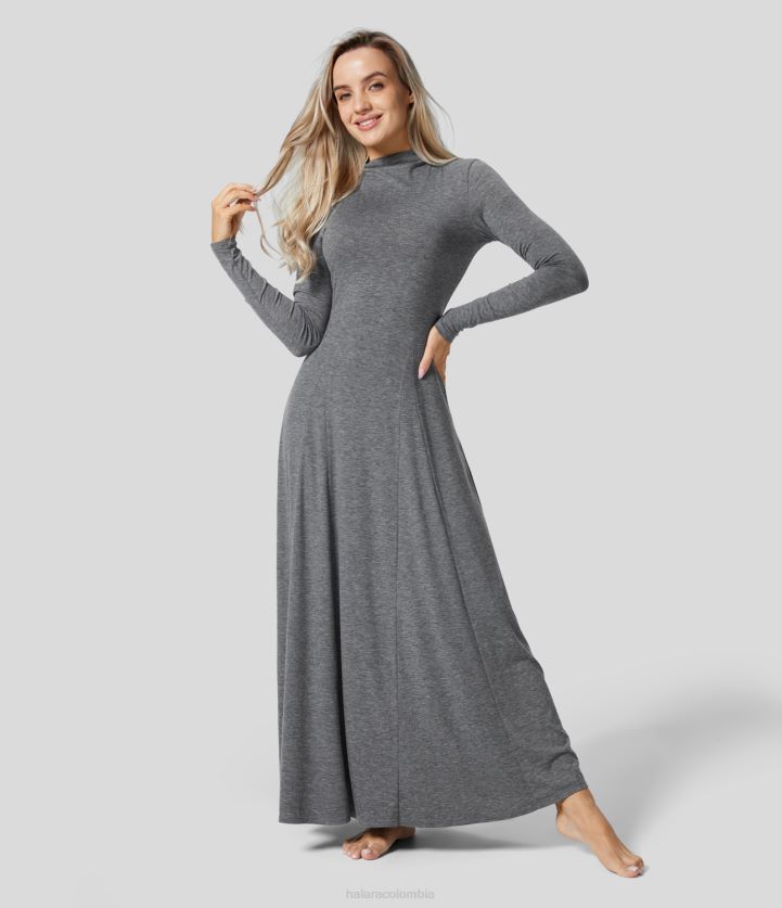 ropa hilo floral gris oscuro BBV2NZ1177 mujer Halara Vestido casual largo acampanado de manga larga con cuello alzado