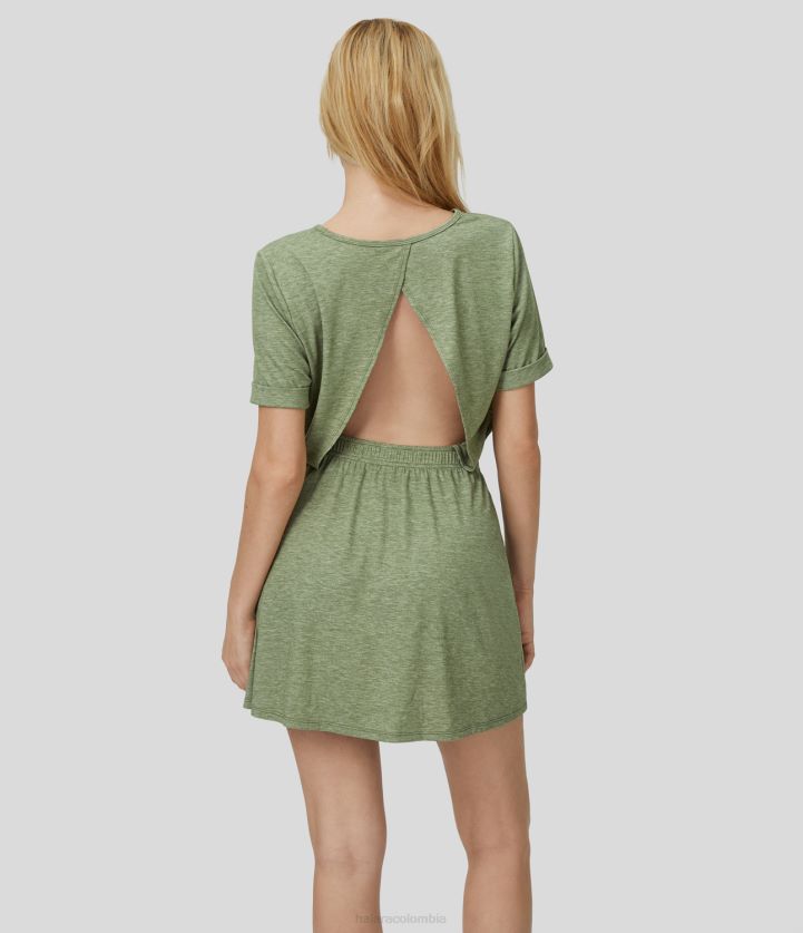 ropa hilo floral verde claro BBV2NZ1011 mujer Halara Mini vestido casual con cuello redondo, manga corta y espalda descubierta