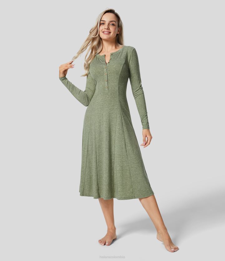 ropa hilo floral verde claro BBV2NZ1198 mujer Halara Vestido casual midi acampanado de manga larga con botones y cuello redondo