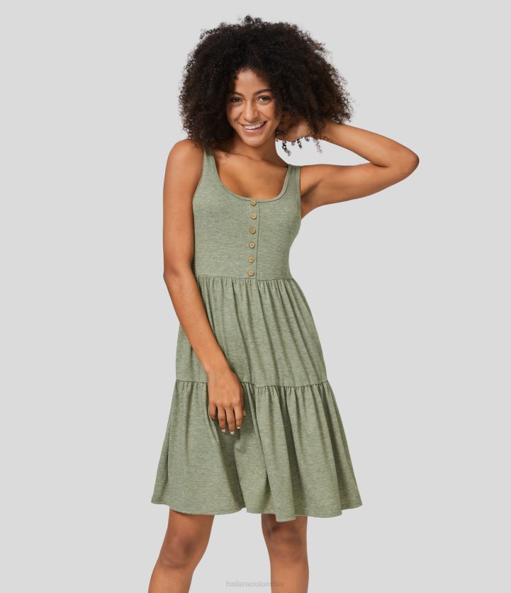 ropa hilo floral verde claro BBV2NZ981 mujer Halara Mini vestido resort fluido con cuello en U, botones sin espalda y dobladillo con volantes plicados