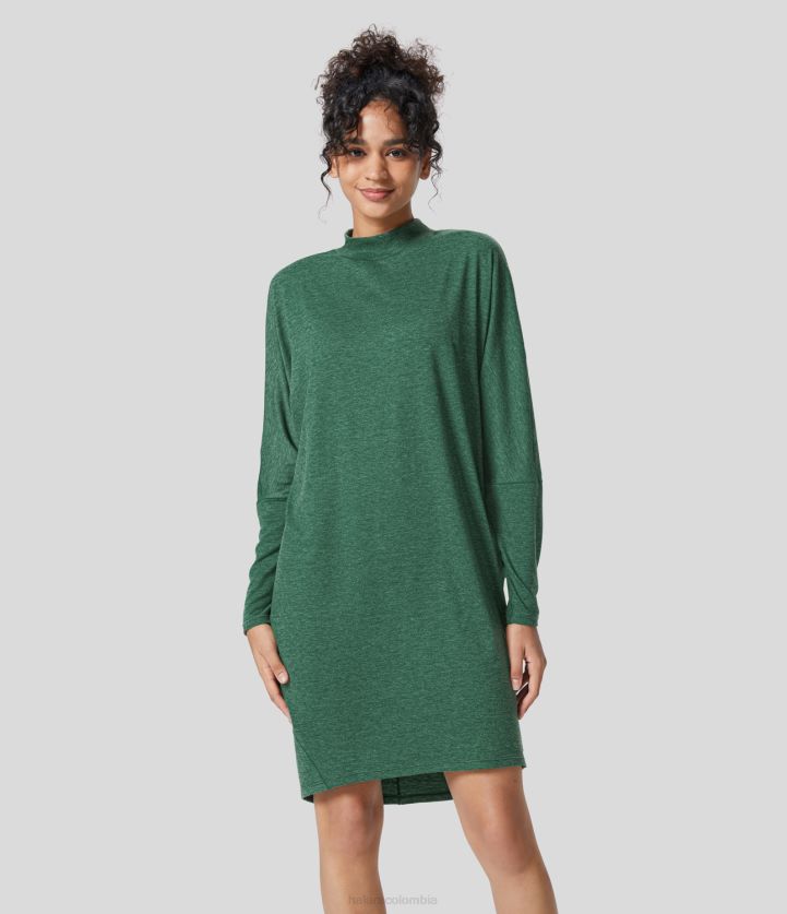 ropa hilo floral verde oscuro BBV2NZ1016 mujer Halara vestido corto de estar por casa con cuello alto y manga larga