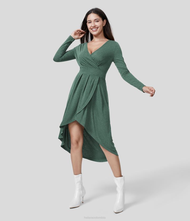 ropa hilo floral verde oscuro BBV2NZ1211 mujer Halara Vestido informal midi fluido con cuello en V profundo, manga larga, dobladillo cruzado alto y bajo, plisado
