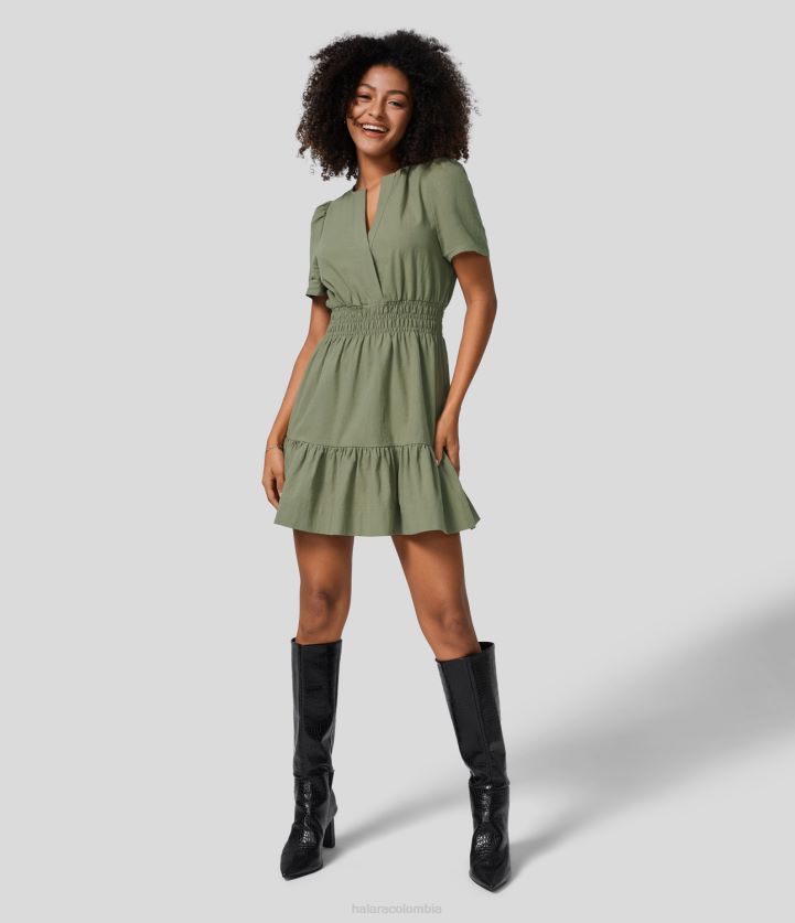 ropa loden verde BBV2NZ984 mujer Halara Vestido casual de algodón con cuello en V y botones invisibles, manga abullonada, dobladillo fruncido con volantes