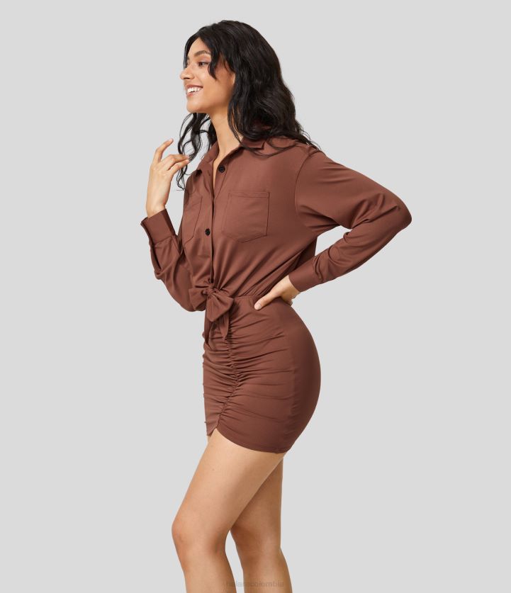 ropa miel de maple BBV2NZ1008 mujer Halara Mini vestido casual ajustado con cuello, botones y bolsillo en el pecho con lazo en la parte delantera, manga larga y fruncido