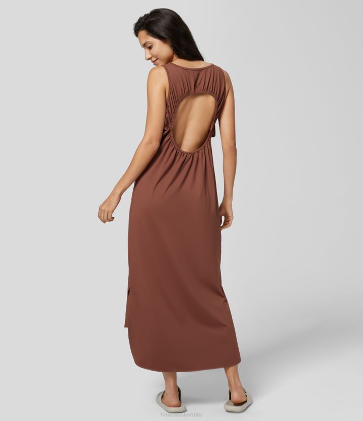 ropa miel de maple BBV2NZ1240 mujer Halara Vestido casual midi alto-bajo con escote en U, sin mangas, sin espalda, recortado, con dobladillo dividido y fruncido