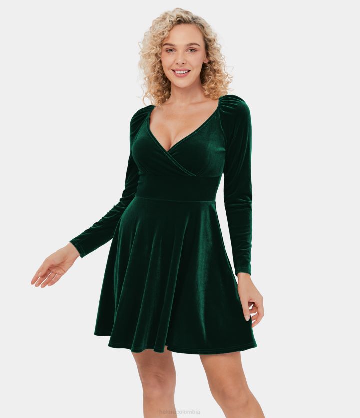 ropa navidad verde BBV2NZ1031 mujer Halara Vestido informal mini acampanado de terciopelo con cremallera lateral plicada y cuello en V