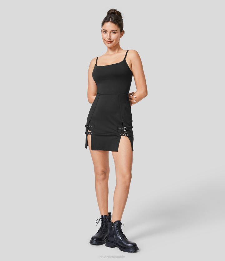 ropa negro BBV2NZ1025 mujer Halara Mini vestido lencero informal ajustado 2 en 1 con hebilla ajustable y abertura sin espalda