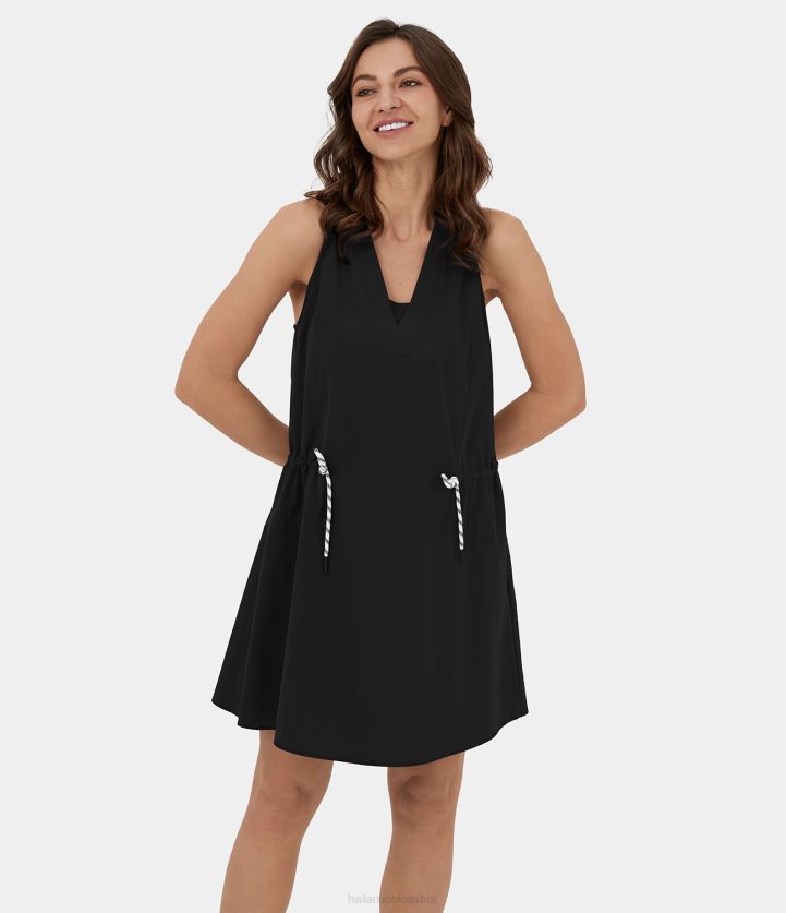 ropa negro BBV2NZ1055 mujer Halara mini vestido casual con cordón, sin mangas y cuello en v