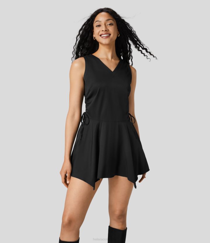 ropa negro BBV2NZ1079 mujer Halara Mini vestido casual con cuello en V, sin mangas, con cordón, bolsillo lateral y dobladillo tipo pañuelo