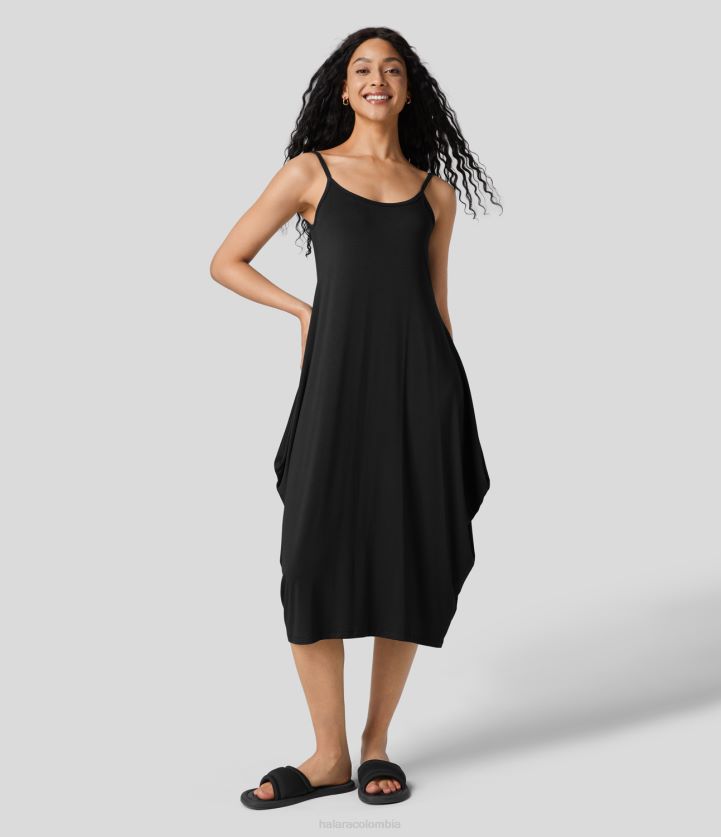 ropa negro BBV2NZ1153 mujer Halara Vestido lencero casual midi relajado drapeado sin espalda con correa ajustable