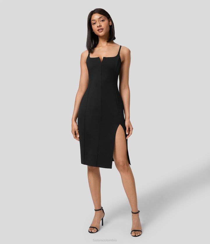 ropa negro BBV2NZ1175 mujer Halara vestido lencero de trabajo midi ajustado con dobladillo dividido