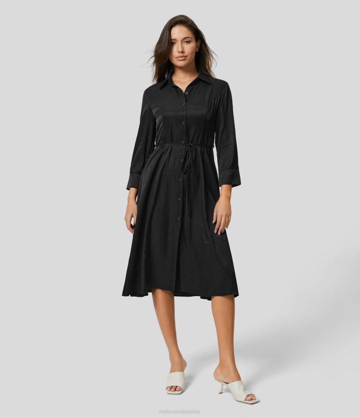 ropa negro BBV2NZ1233 mujer Halara Vestido casual midi acampanado de manga larga con cuello y botones y lazo en la parte delantera