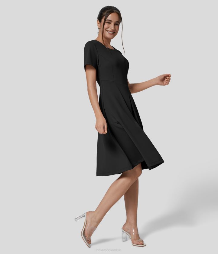 ropa negro BBV2NZ1247 mujer Halara Vestido de trabajo midi acampanado plisado con corsé y bolsillos laterales con cuello redondo ecológico de Softlyzero