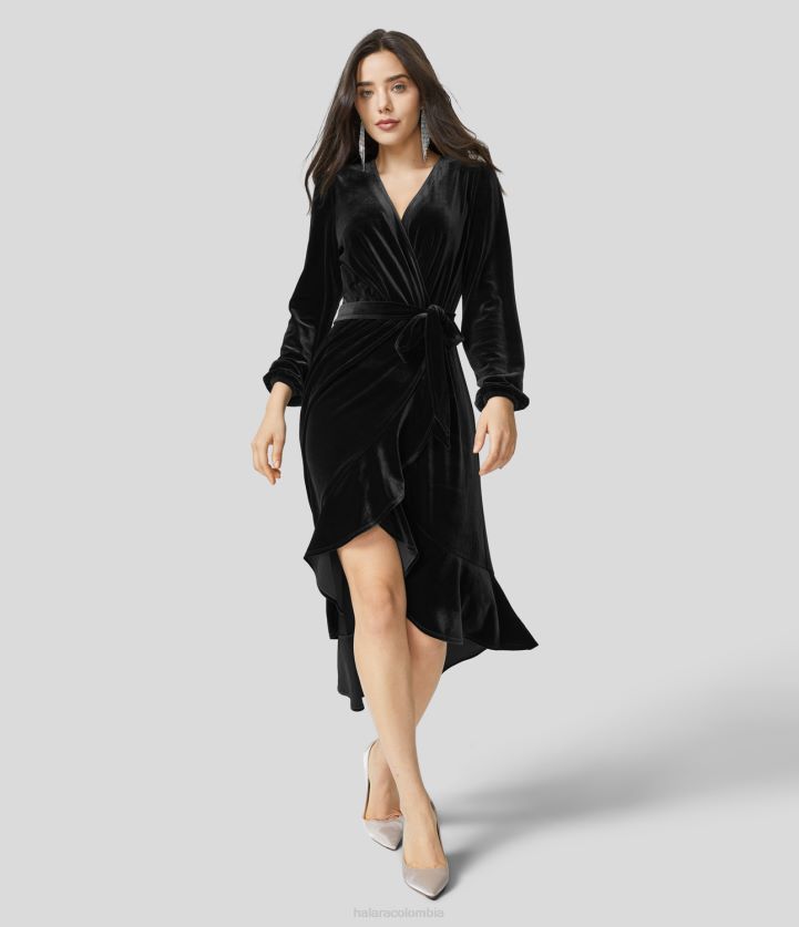 ropa negro BBV2NZ1251 mujer Halara Vestido casual midi de terciopelo con cuello en V y manga larga con lazo envuelto en la parte delantera