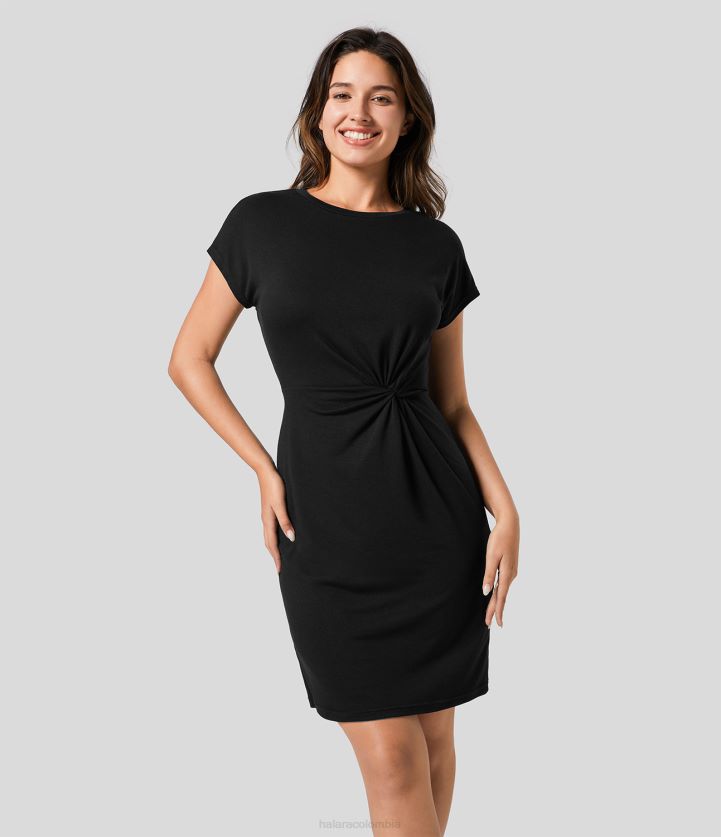 ropa negro BBV2NZ976 mujer Halara Mini vestido casual plisado retorcido y manga corta con cuello redondo