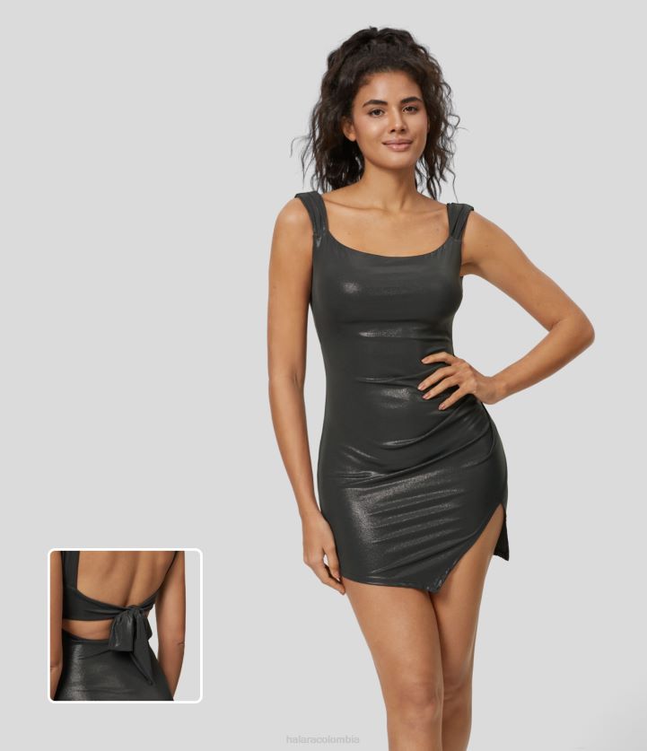 ropa negro brillante anochecer BBV2NZ1039 mujer Halara Softlyzero minivestido de fiesta elástico de piel sintética con fruncido, espalda descubierta, lazo en la espalda, dobladillo dividido, ajustado,
