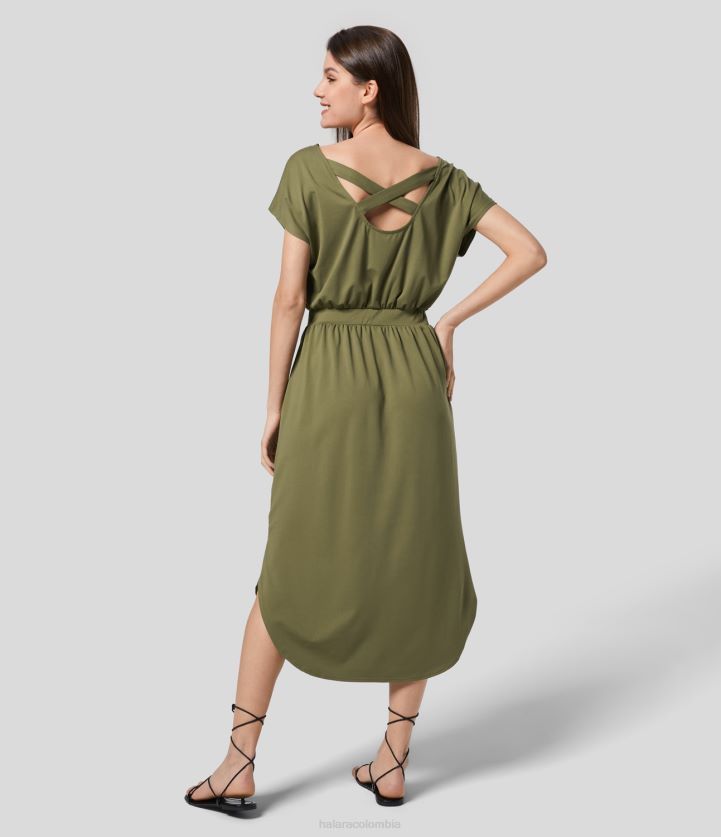 ropa oliva capuleto BBV2NZ1186 mujer Halara Vestido casual midi con cuello barco, manga corta, espalda cruzada, dobladillo curvo