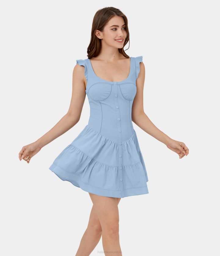 ropa original BBV2NZ1068 mujer Halara Mini vestido casual de secado rápido con escote en U y volantes, corsé con botones y espalda descubierta