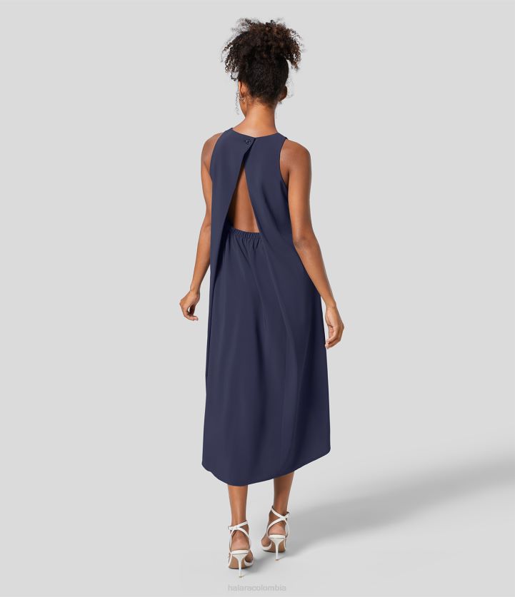 ropa patriota azul BBV2NZ1156 mujer Halara vestido de trabajo de secado rápido, midi, alto, bajo, con bolsillo lateral y botones, sin espalda y alegre