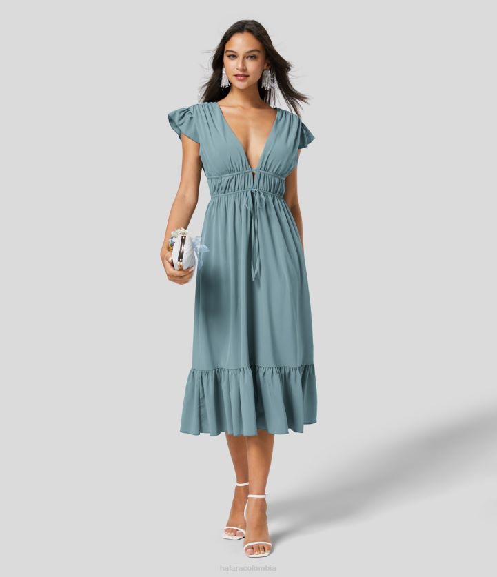 ropa piedra azul BBV2NZ1159 mujer Halara Vestido midi de dama de honor e invitada de boda, de secado rápido, con escote en V profundo, manga mariposa, espalda descubierta, nudo, bolsillo lateral, dobl