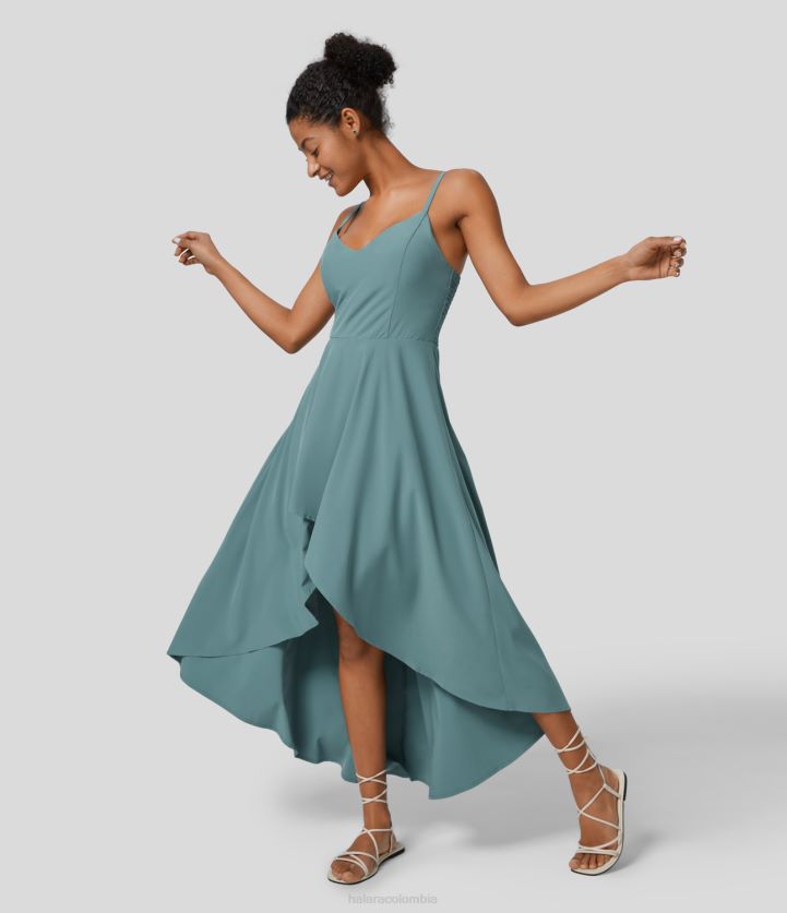 ropa piedra azul BBV2NZ1162 mujer Halara Vestido maxi resort sin espalda, con tirantes ajustables, fruncido, cremallera invisible, alto, bajo, fluido, de secado rápido