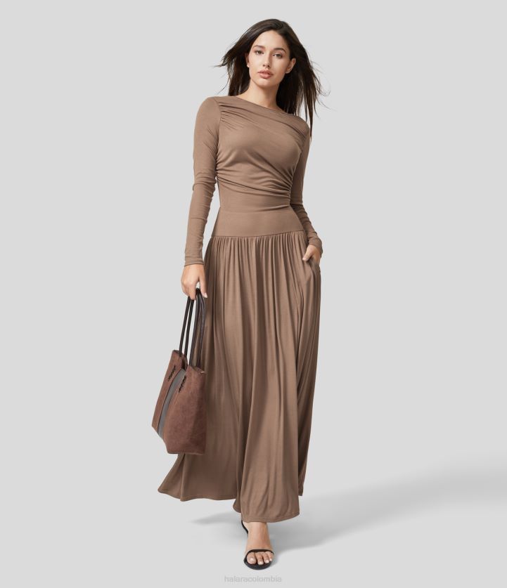 ropa piel de castor BBV2NZ1149 mujer Halara Vestido largo casual fluido con cuello barco acanalado y bolsillo lateral fruncido