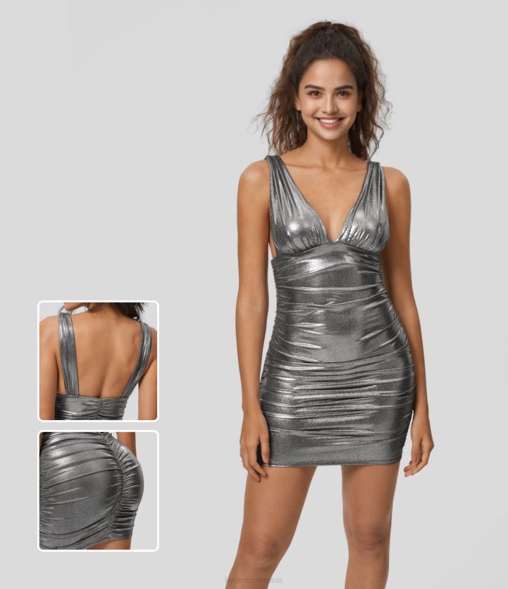 ropa plata negra brillante BBV2NZ1004 mujer Halara Softlyzero minivestido de fiesta elástico de piel sintética con cuello en V, espalda descubierta, fruncido, ajustado y con estampado metalizado