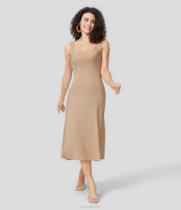 ropa purpurina oro albaricoque BBV2NZ1151 mujer Halara Vestido de fiesta midi metálico sin mangas, con cuello en U y espalda descubierta
