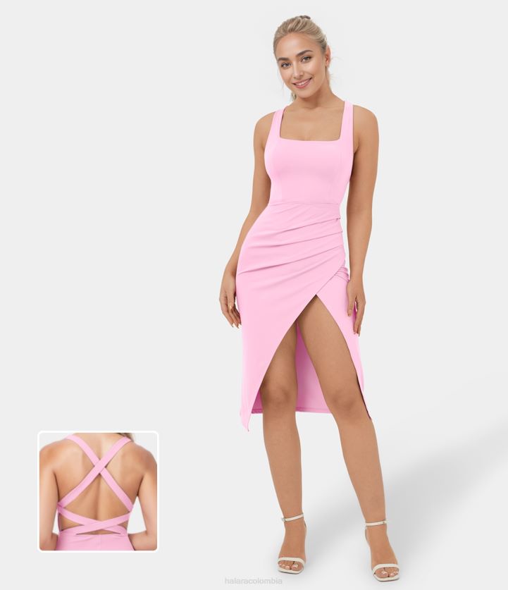 ropa ramillete BBV2NZ1098 mujer Halara Vestido informal de tacto fresco, midi, ceñido y cruzado, asimétrico, con abertura y pliegues, de Softlyzero