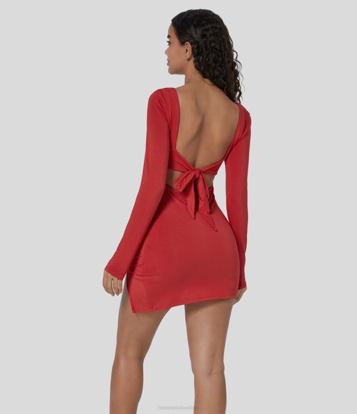 ropa rojo alto BBV2NZ1058 mujer Halara Mini vestido casual ajustado con dobladillo dividido y fruncido, sin espalda y con lazo en la espalda