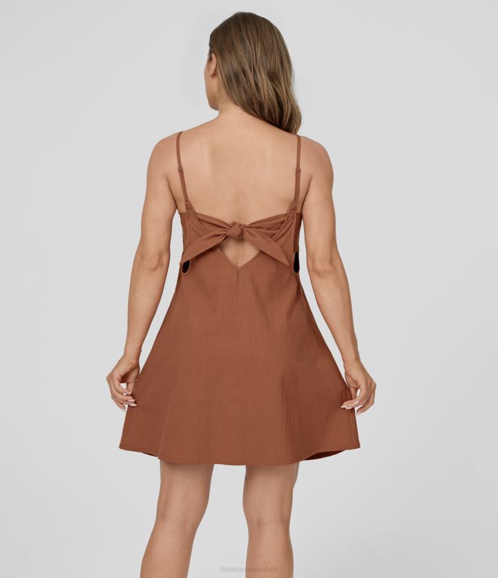 ropa rojo óxido BBV2NZ1056 mujer Halara Mini vestido casual de algodón fluido con tirantes ajustables, cuello en V, espalda descubierta, nudo en la espalda, corte