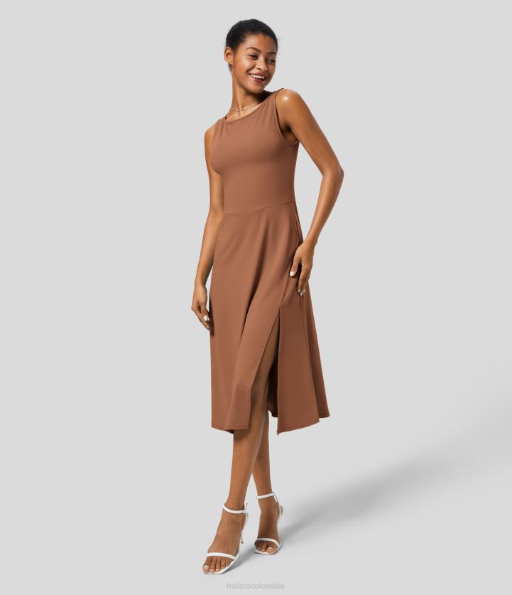 ropa rojo óxido BBV2NZ1252 mujer Halara Vestido midi resort con abertura y bolsillo lateral, sin mangas, con cuello barco