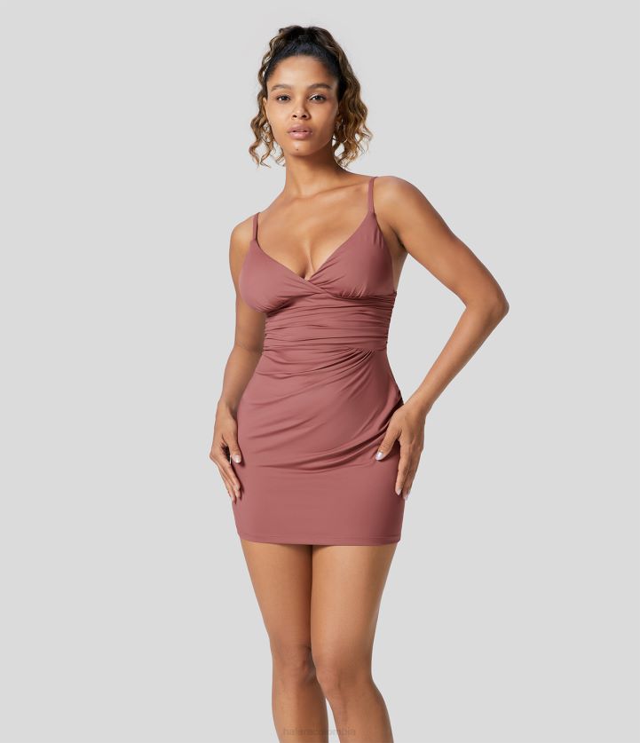 ropa rosa claro rojo BBV2NZ1022 mujer Halara Mini vestido de fiesta ajustado con escote en V profundo, fruncido, correa ajustable, espalda descubierta y corte