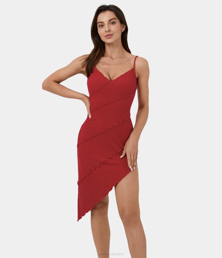 ropa samba BBV2NZ1116 mujer Halara Vestido informal midi ajustado con dobladillo asimétrico y volante fruncido sin espalda con cuello en V de punto acanalado, usable por delante y por detrás