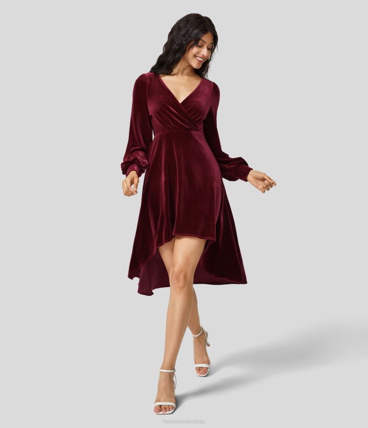 ropa sangría BBV2NZ1213 mujer Halara Vestido informal midi de terciopelo fluido, alto, bajo, con manga obispo plisada, cruzado, con cuello en V