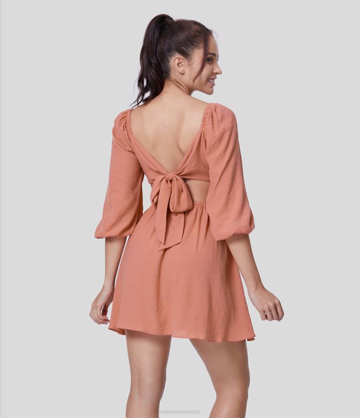 ropa sol naciente naranja BBV2NZ1074 mujer Halara Mini vestido casual fluido con escote en forma de corazón, manga abullonada, espalda descubierta y abertura anudada en la espalda