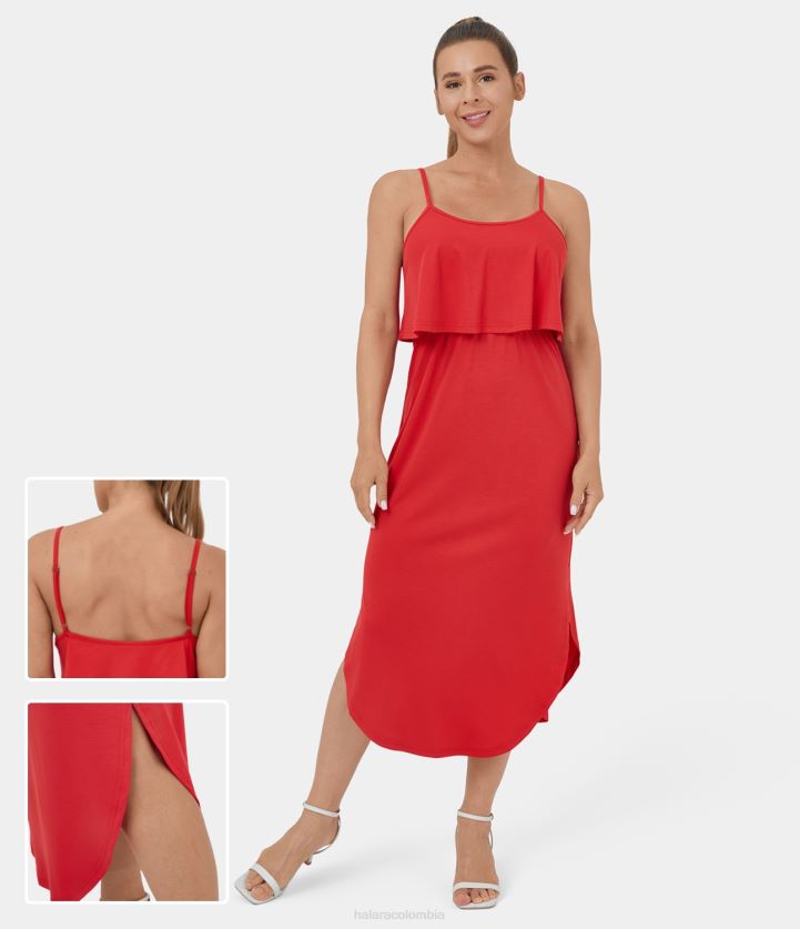 ropa tomate BBV2NZ1231 mujer Halara Vestido lencero casual midi con dobladillo curvo dividido, sin mangas y sin espalda