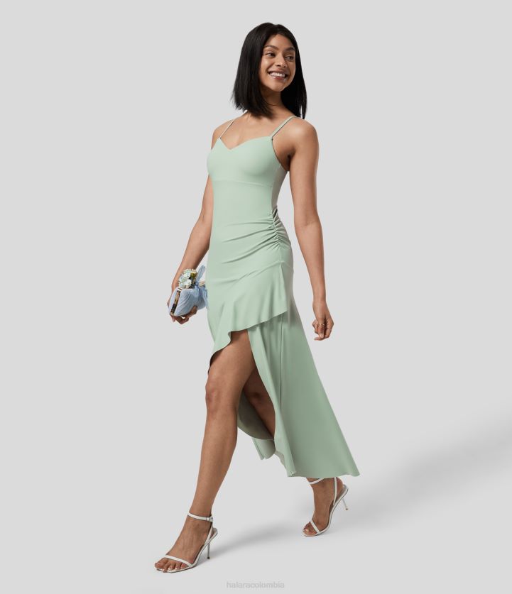 ropa verde frijol claro BBV2NZ1166 mujer Halara Vestido largo de dama de honor e invitada de boda, fluido, con abertura fruncida y correa ajustable, sin espalda