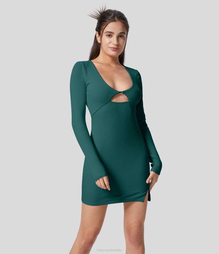 ropa verde piedra intenso BBV2NZ1034 mujer Halara Minivestido de fiesta ajustado con abertura y manga larga con aberturas de canalé