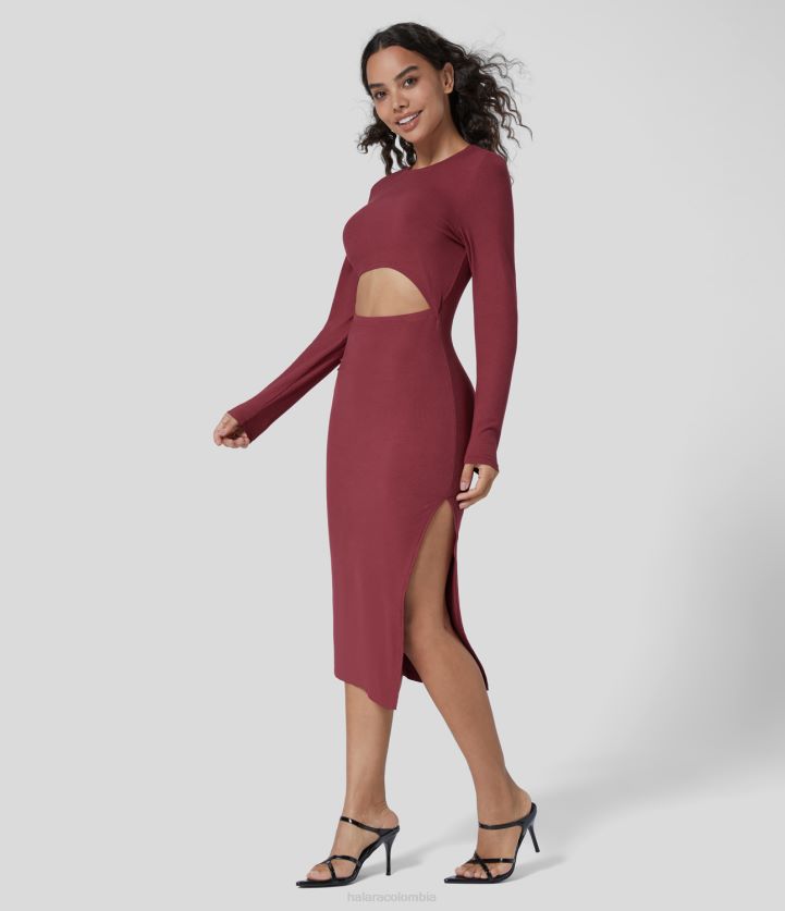ropa vino rubí BBV2NZ1086 mujer Halara Vestido casual midi ajustado de punto acanalado con cuello redondo y manga larga con dobladillo dividido